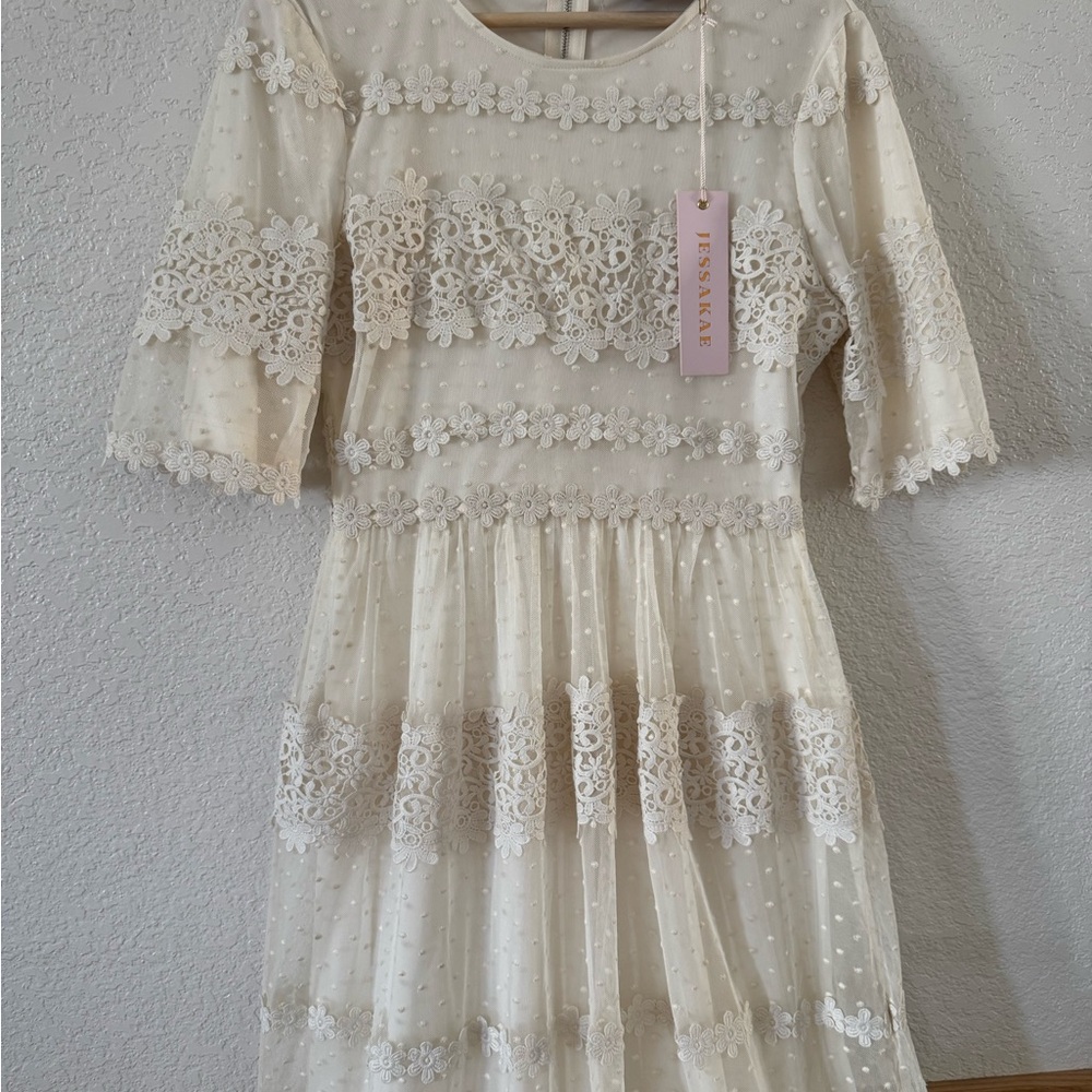 Jessakae Cream Lace Dot Midi Dress